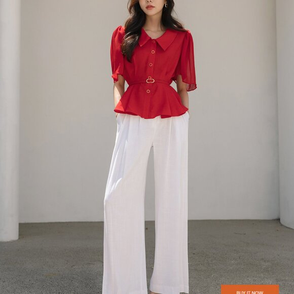 Chiffon Wing Sleeves Peplum Blouse in Red (Belt Set) - Picture 2 of 9